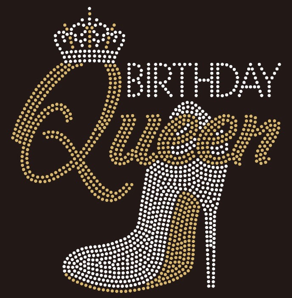 Close-up of rhinestone “Birthday Queen” design showing shimmer details.