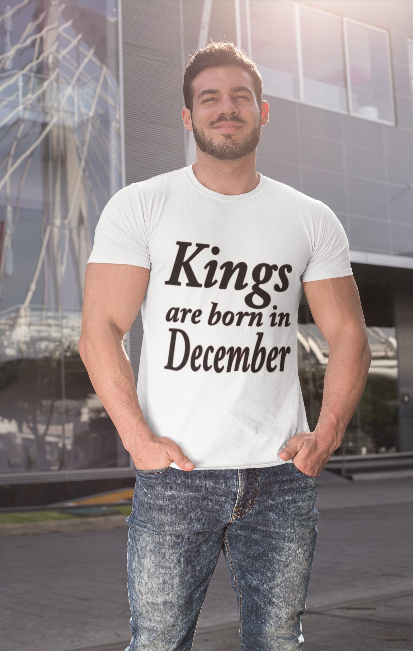 Front design of “KINGS ARE BORN IN DECEMBER MEN'S T-SHIRT” showcasing bold graphic print.