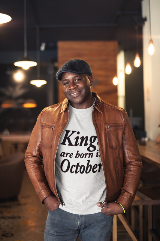 Front design of “KINGS ARE BORN IN OCTOBER MEN'S T-SHIRT” featuring bold graphic print.