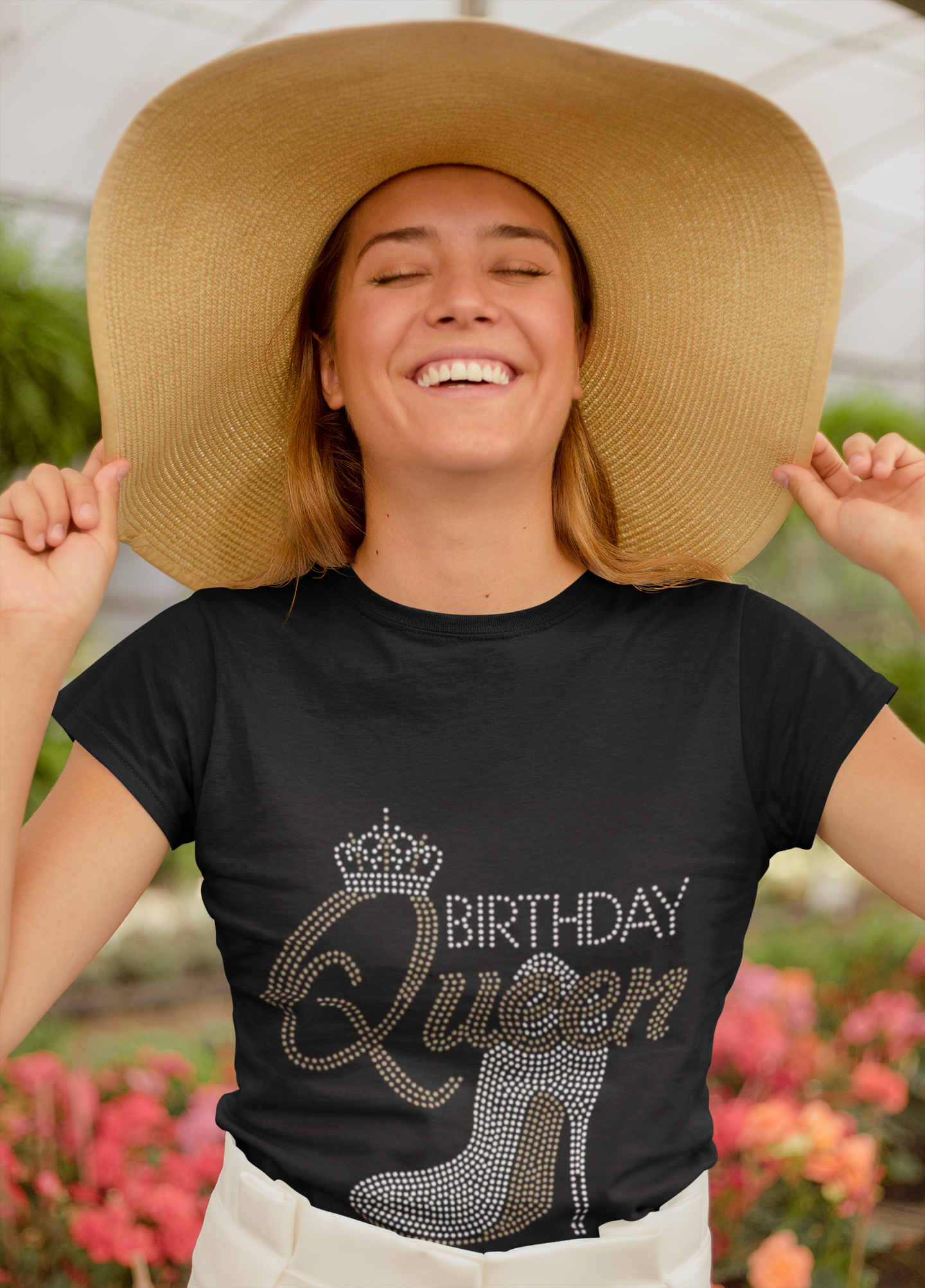 Front view of Birthday Queen Rhinestone Women's T-Shirt with sparkling rhinestone lettering.